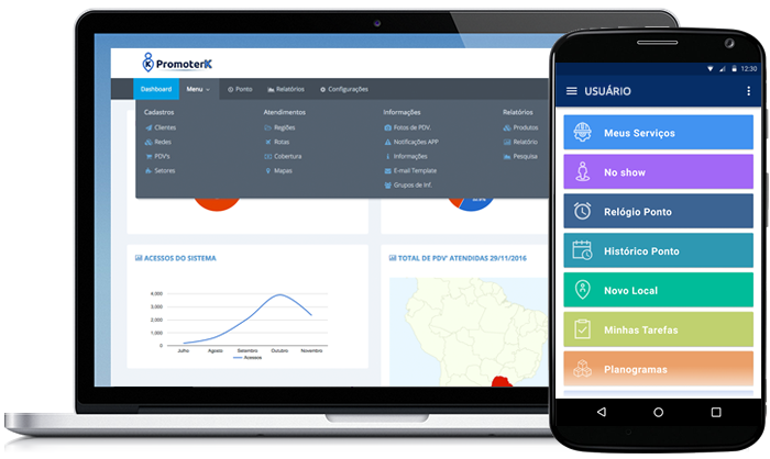 Com o aplicativo para smartphones, funcionalidades de check-in e check-out com geolocalização, controle de jornada com registro de ponto serão possíveis para gerenciar de forma eficaz o trabalho externo da sua equipe, além de comunicação via push e envio de fotos dos trabalhos realizados