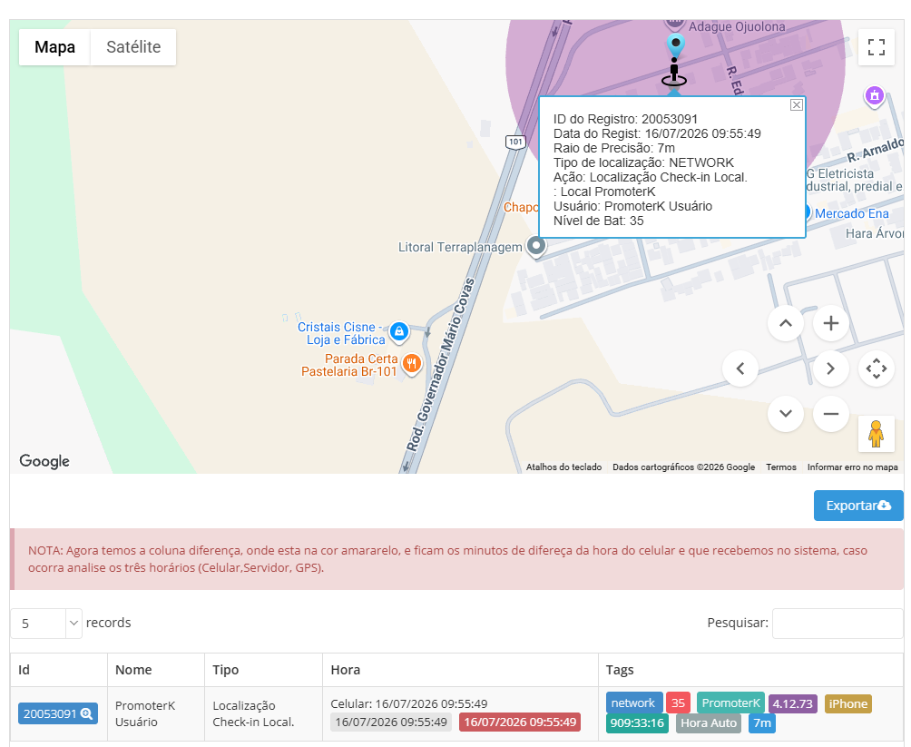 Painel do PromoterK mostrando o mapa de check-in com geolocalização